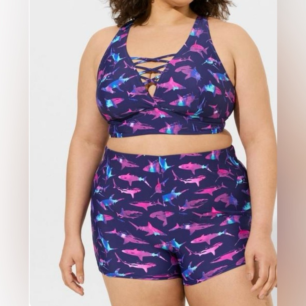 Torrid Wireless XO Triangle Bikini Top & High
Rise Strappy Side Swim Short